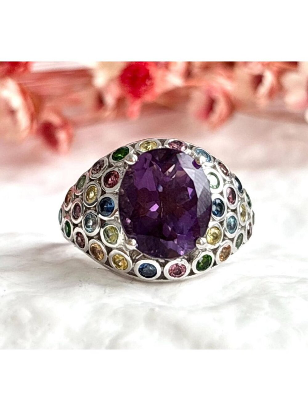 Amethyst & Rainbow Gemstone Sterling Silver Tapered 925 Vintage Ring - sz 9